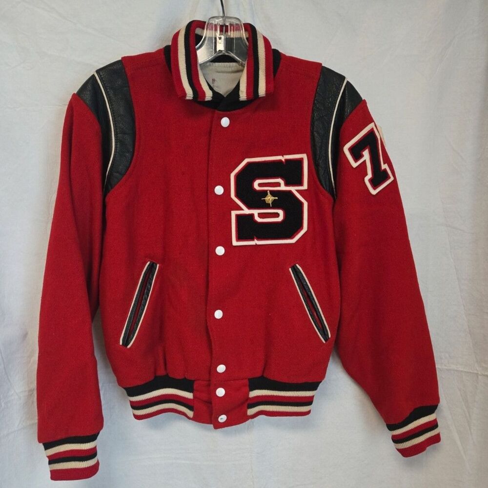 Pin + 1950s Red Wool VTG Letterman Shawnee #79 Varsity Football Jacket XL